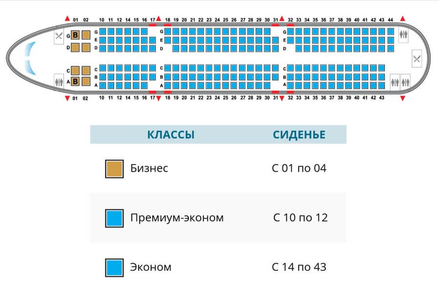 Третья версия салона Airbus A321-200: эконом до 43-го ряда