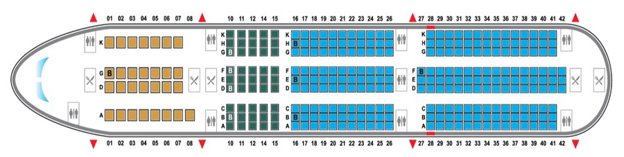 Схема салона Airbus A350-900 Vietnam Airlines: бизнес-класс в носовой части, за ним премиум-эконом и эконом