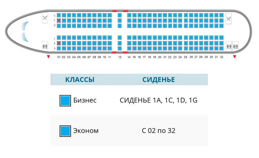 Вторая версия салона Airbus A320neo: за бизнес-классом сразу эконом, со 2-го по 32-й ряд